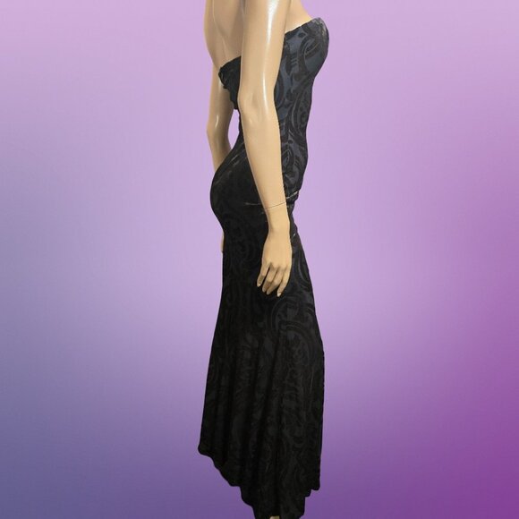 Y2K Maxi Dress Party Cocktail Size S Black Flocked Velvet Mermaid Fishtail - Picture 12 of 13